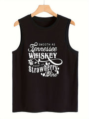 Plant & Letter Print Sleeveless Sports Vest Round Neck Casual Tops