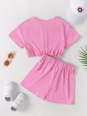 2pcs Girls CALIFORNIA Letter Graphic T Shirts & Bow Track Shorts Set