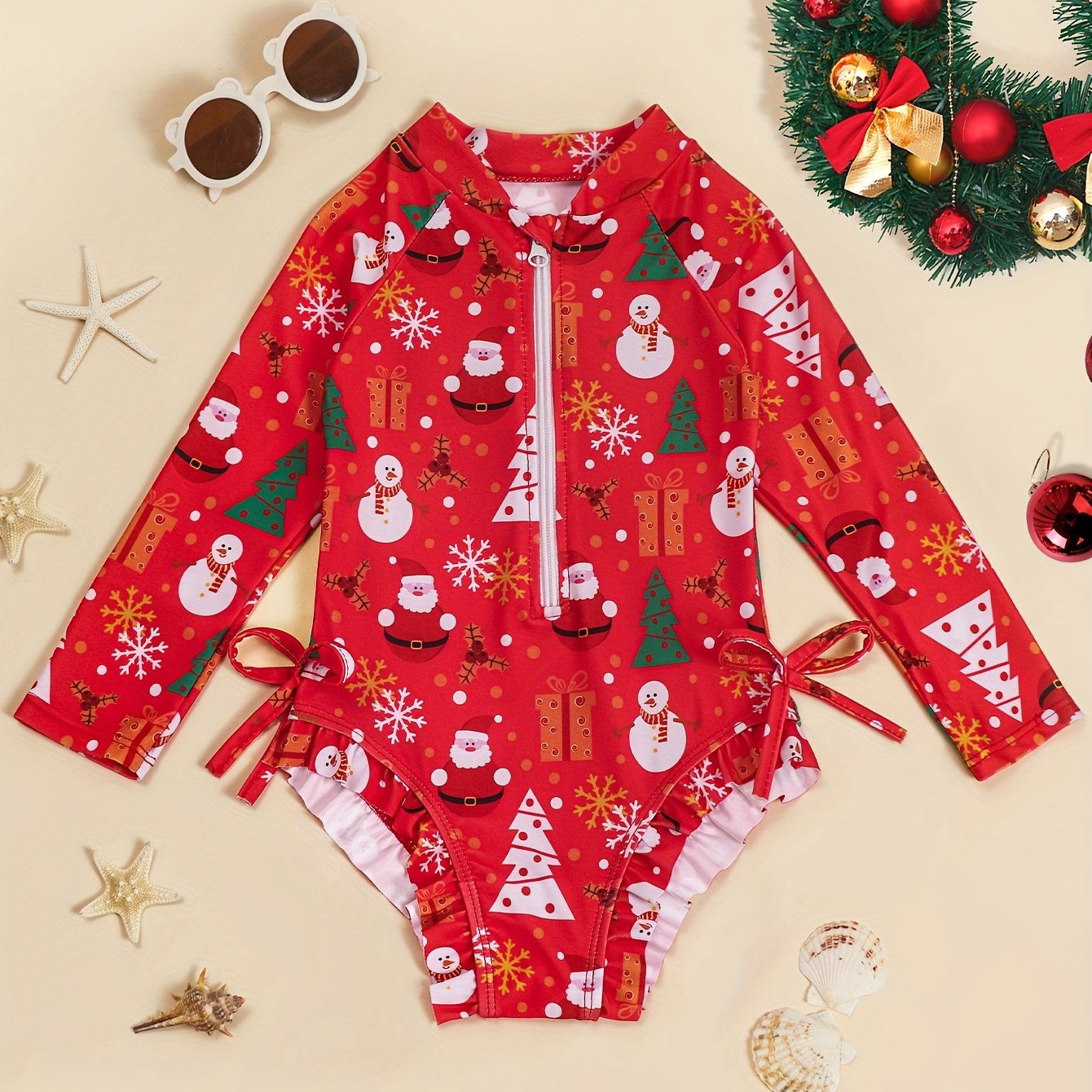 Girls Santa Ruffle Trim Long Sleeve Swimsuit Christmas Gift