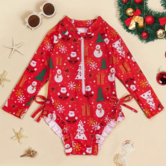 Girls Santa Ruffle Trim Long Sleeve Swimsuit Christmas Gift