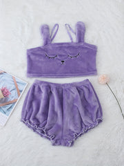 Cartoon Embroidery Pajama Set Cami Top & Elastic Waistband Shorts