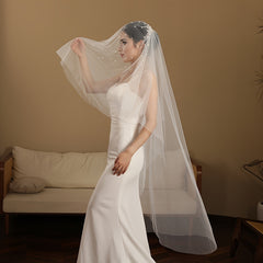 Vintage Double Layered Long Wedding Veil with Hand Embellished Sheer Bridal Veil