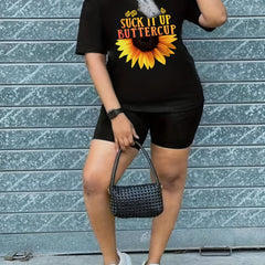 Letter & Sunflower Print Tee & Biker Shorts 2 Piece Set