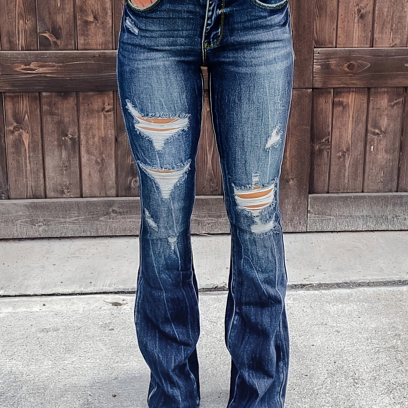 High Waist Ripped Denim Pants Flared Stacked Jeans Women's Jeans