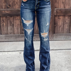 High Waist Ripped Denim Pants Flared Stacked Jeans Women's Jeans
