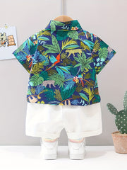 2pcs Baby Boys Leaf Print Shirt & Shorts Set