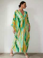 Boho Tie Dye Beach Cover Up Batwing Sleeves V Neck Split Loose Fit