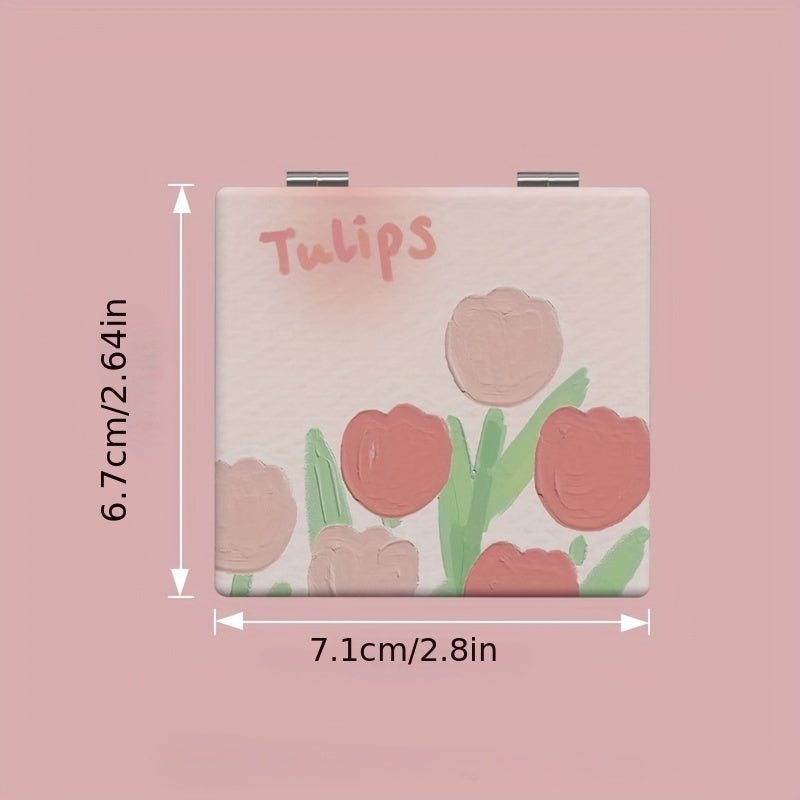 Tulip Pattern Vanity Mirror Double Sided Foldable Mini Makeup Vanity Mirror