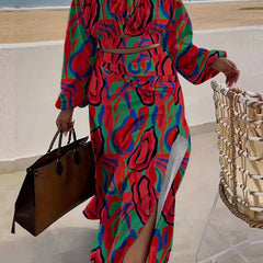 Abstract Print Two Piece Skirt Set Off Shoulder Crop Top & High Split Skirt