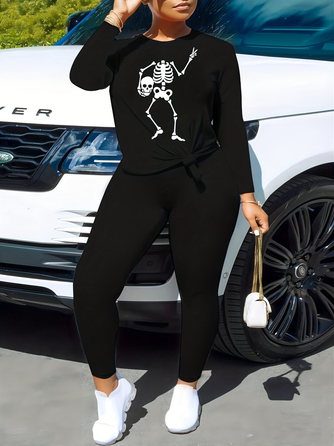 Halloween Skull Print Long Sleeve Casual Outfit Set