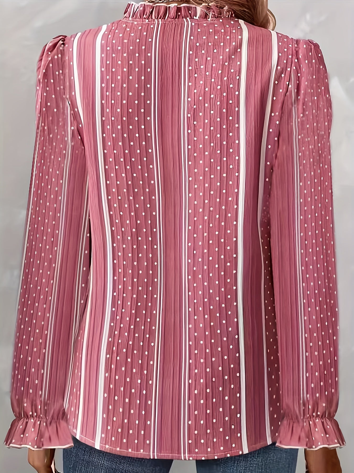 Stripe & Dot Print Flounce Sleeve Ruffle Trim Blouse