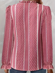 Stripe & Dot Print Flounce Sleeve Ruffle Trim Blouse