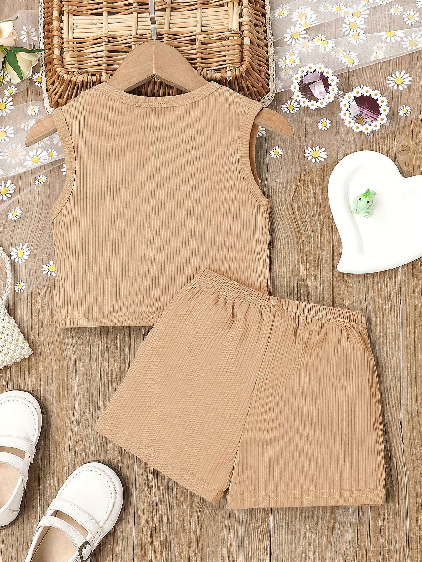 2pcs Toddler Girls Ribbed Knit Tank Top & Bow Front Shorts Set