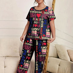 Heart & Letter Print Pajama Set Short Sleeve T-shirt & Pants