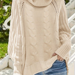 Casual Sweater Women's Plus Solid Cable Lantern Sleeve Turtle Neck Hol