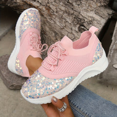 Women's Glitter Sequins Sneakers Pink Lace Up Comfortable Walking Shoes