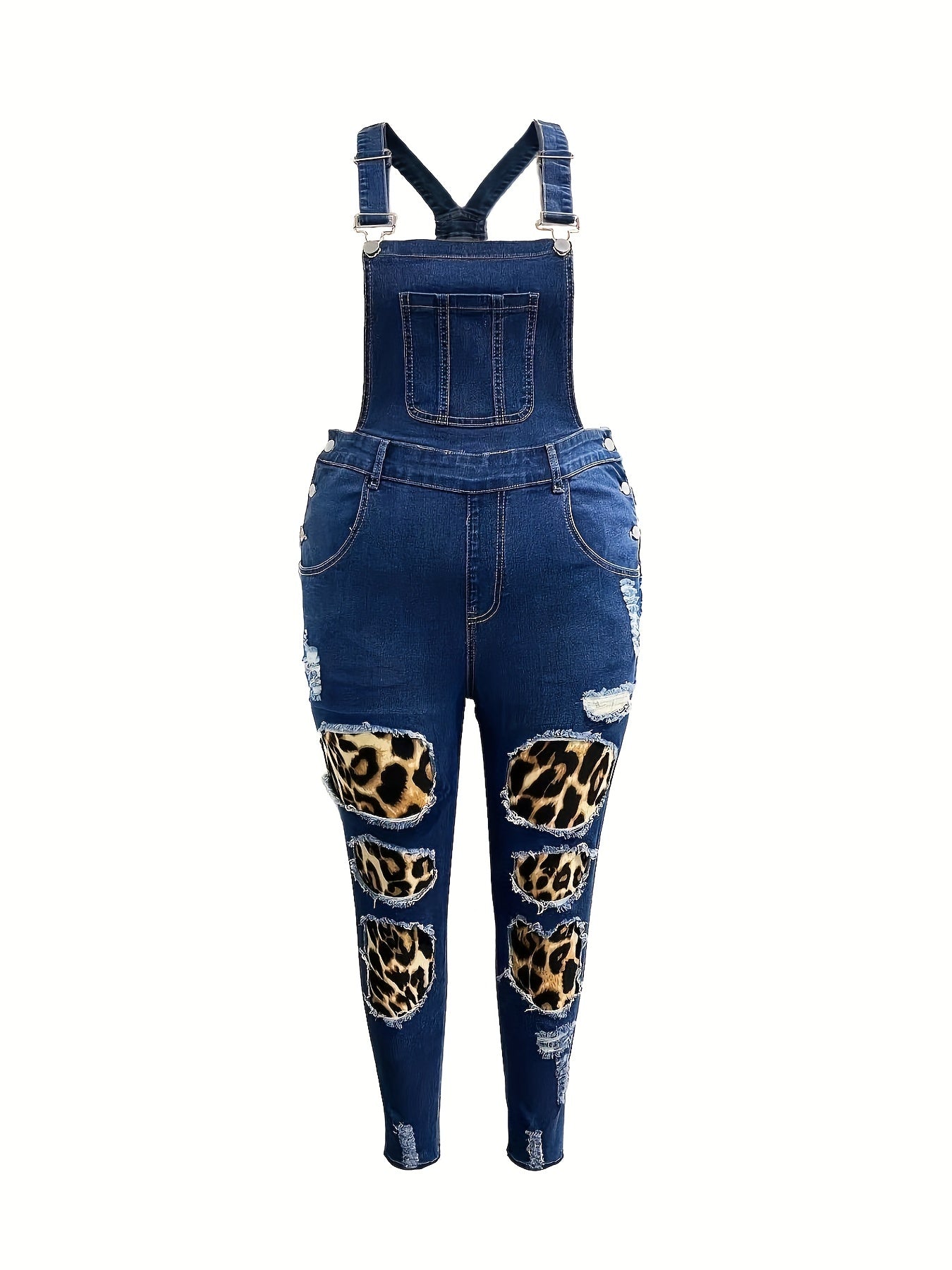 Leopard Print Ripped Denim Overalls