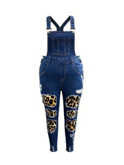 Leopard Print Ripped Denim Overalls