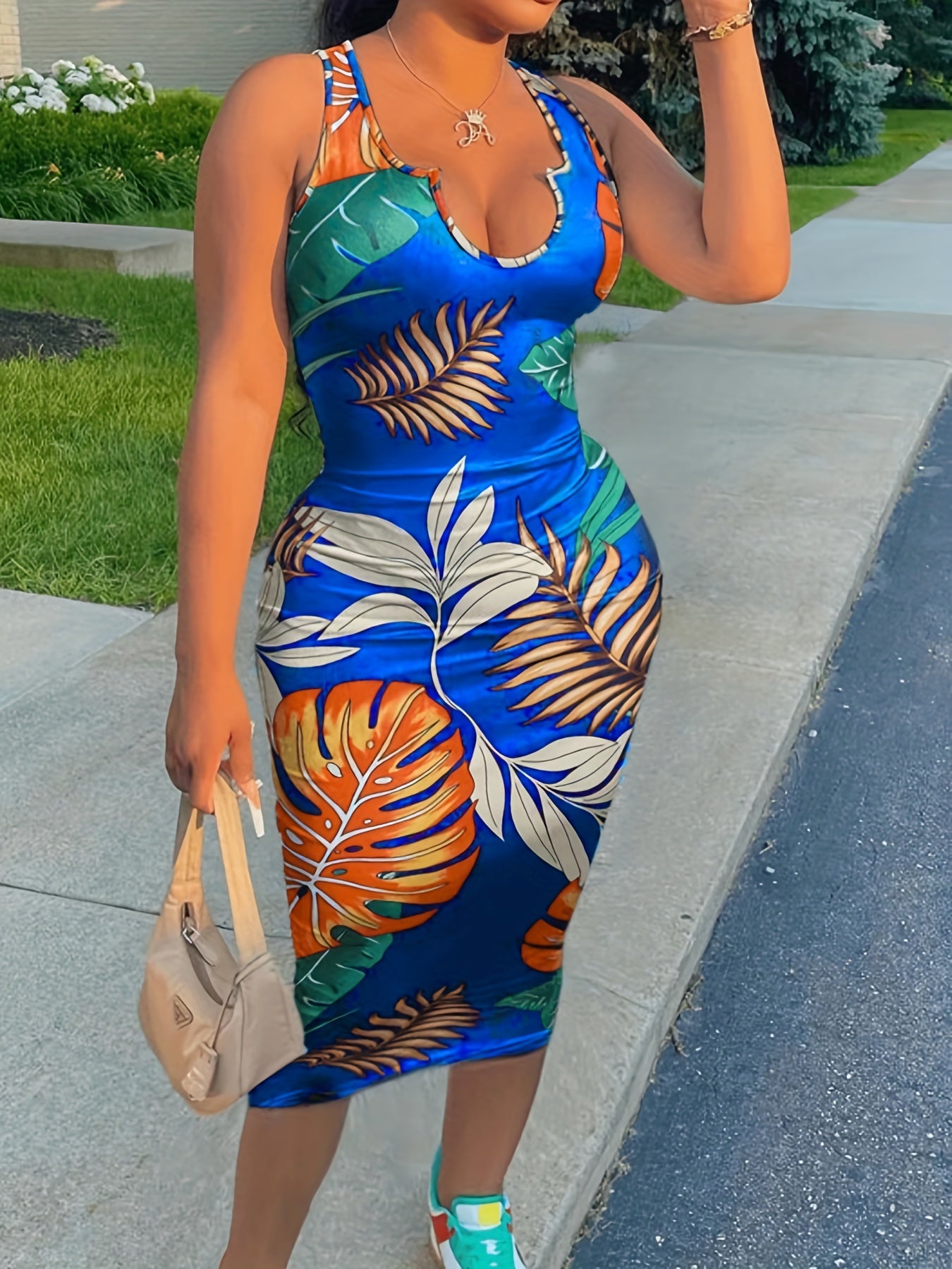Tropical Print Notched Neck Midi Dress