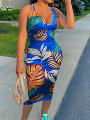 Tropical Print Notched Neck Midi Dress