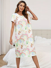 Cartoon Bear Print Lounge Dresses & Comfy Short Sleeve Home Dress