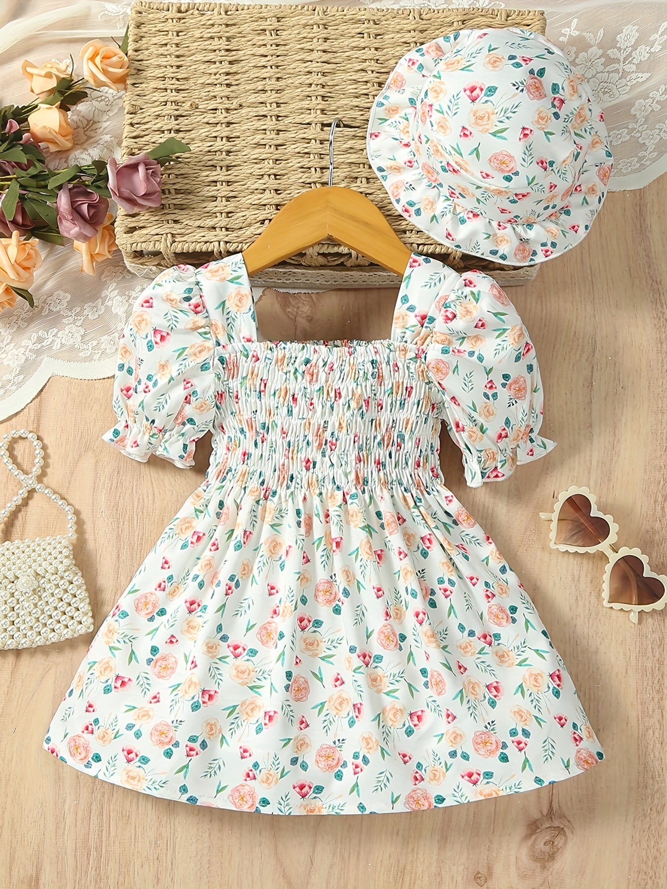 Girls Ruffle Trim Shirred Puffy Floral Dress for Toddler Baby