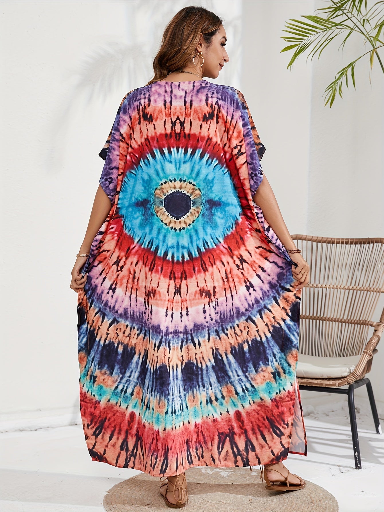 Boho Cover Up Plus Size Spiral Tie Dye Maxi Beach Dress