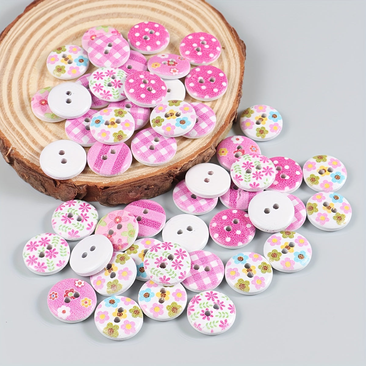50pcs 2 Hole Wooden Bottom Mixed Pattern Painted Buttons for Crafts DIY