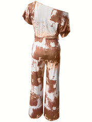 Abstract Print Slanted Shoulder Jumpsuit Casual Wide Leg Short Sleeve Jumpsuit