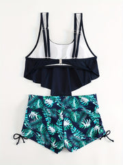 Print Ruffled Trim Tankini Set Tie Side Boxer Short 2Pc Swimsuit