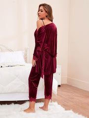 Velvet Pajama Set Lace Trim Cami Tops Robe Pants Women's Sleepwear