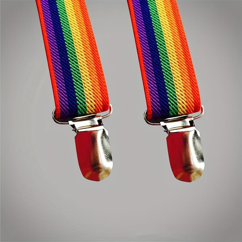 Men's Rainbow Elastic Suspenders Braces 3 Clips