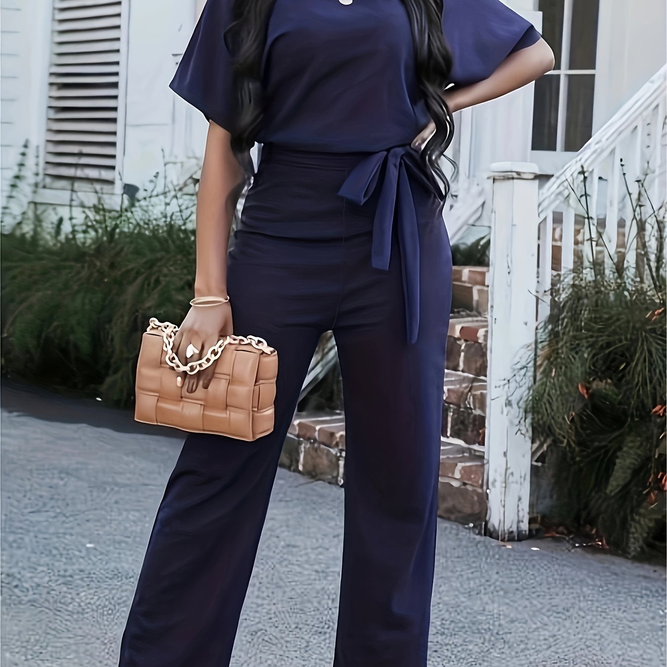 Keyhole Jumpsuit Crew Neck Short Sleeve Wide Leg Jumpsuit
