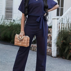 Keyhole Jumpsuit Crew Neck Short Sleeve Wide Leg Jumpsuit
