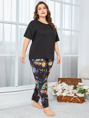 Boho Pajama Set Solid Tee & Tropical Print Pants Loungewear