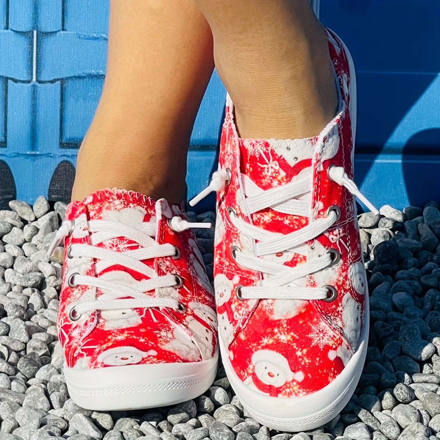 Christmas Canvas Shoes Round Toe Lace Up Flat Women's Shoes