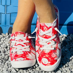 Christmas Canvas Shoes Round Toe Lace Up Flat Women's Shoes