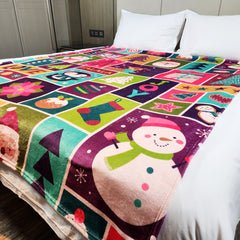 Warm Flannel Blanket for Camping & Home Use with Christmas Cartoon Santa Snowman