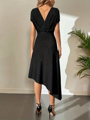 Asymmetrical Chain Dress Solid Backless Short Sleeve Dress