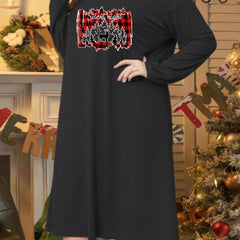 Christmas Casual Loungewear Dress Women's Plus Plaid & Elk Print
