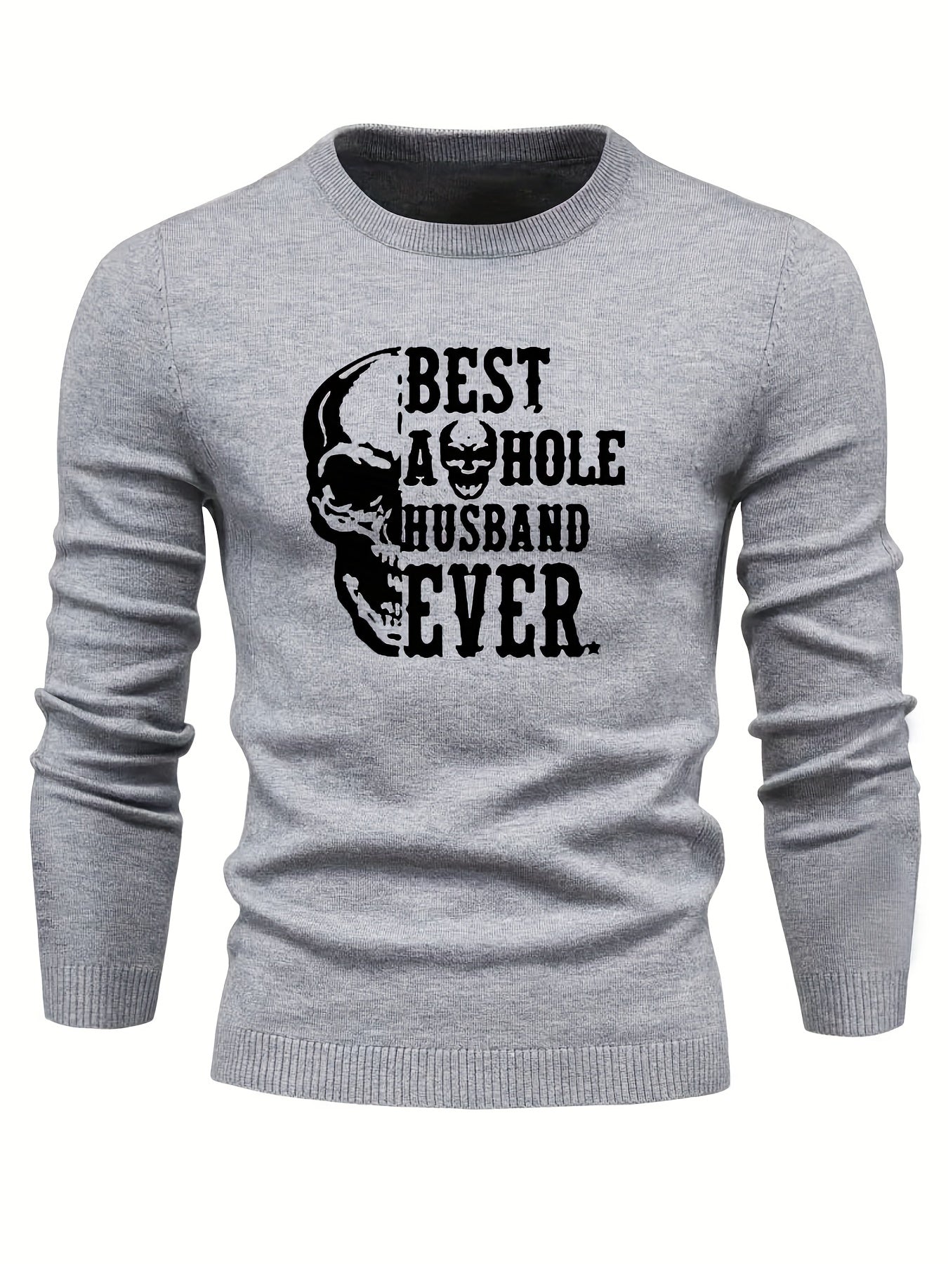 Skull & Letter Print Sweater Men's Casual Retro Style Mid Stretch Crew Neck Pull