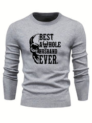 Skull & Letter Print Sweater Men's Casual Retro Style Mid Stretch Crew Neck Pull
