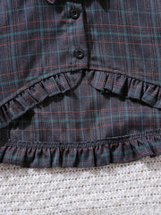 2pcs Girls Dress Clothes Plaid Long Sleeve Top Knit Cami Dress Set