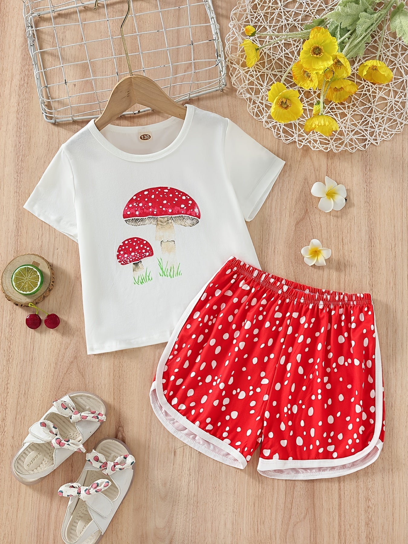 Girls Mushroom Pattern T-shirt & Polka Dot Shorts Set