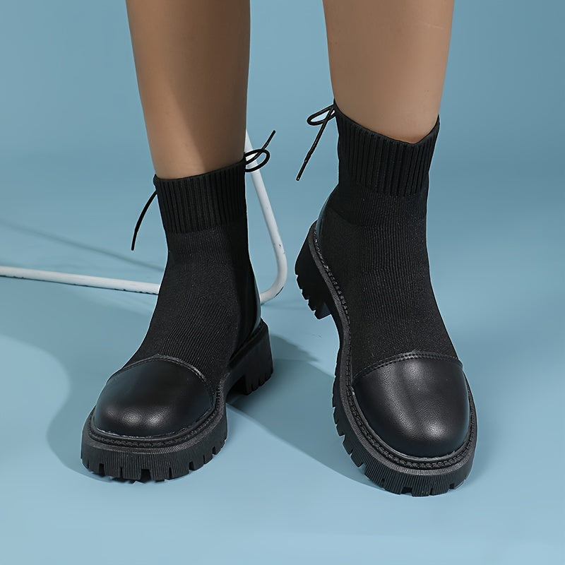 Platform Ankle Stretch Boots Lace Up Round Toe Short Boots