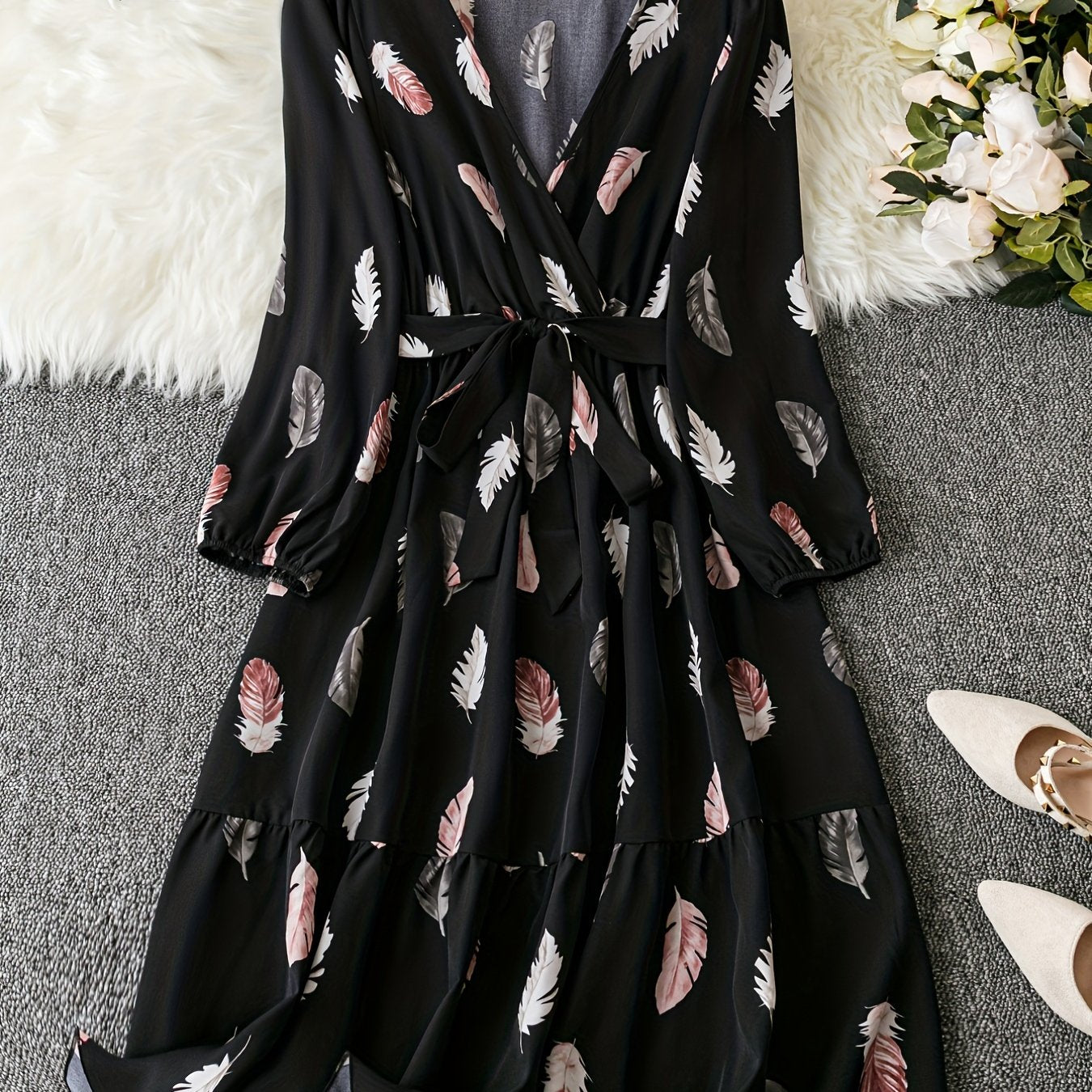 Feather Print Lantern Sleeve Maxi Dress Belt