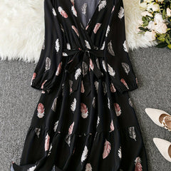 Feather Print Lantern Sleeve Maxi Dress Belt