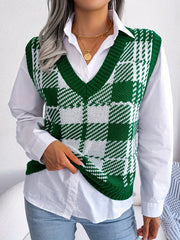Plaid Sweater Vest Loose V Neck Fall Winter Women's Clothing