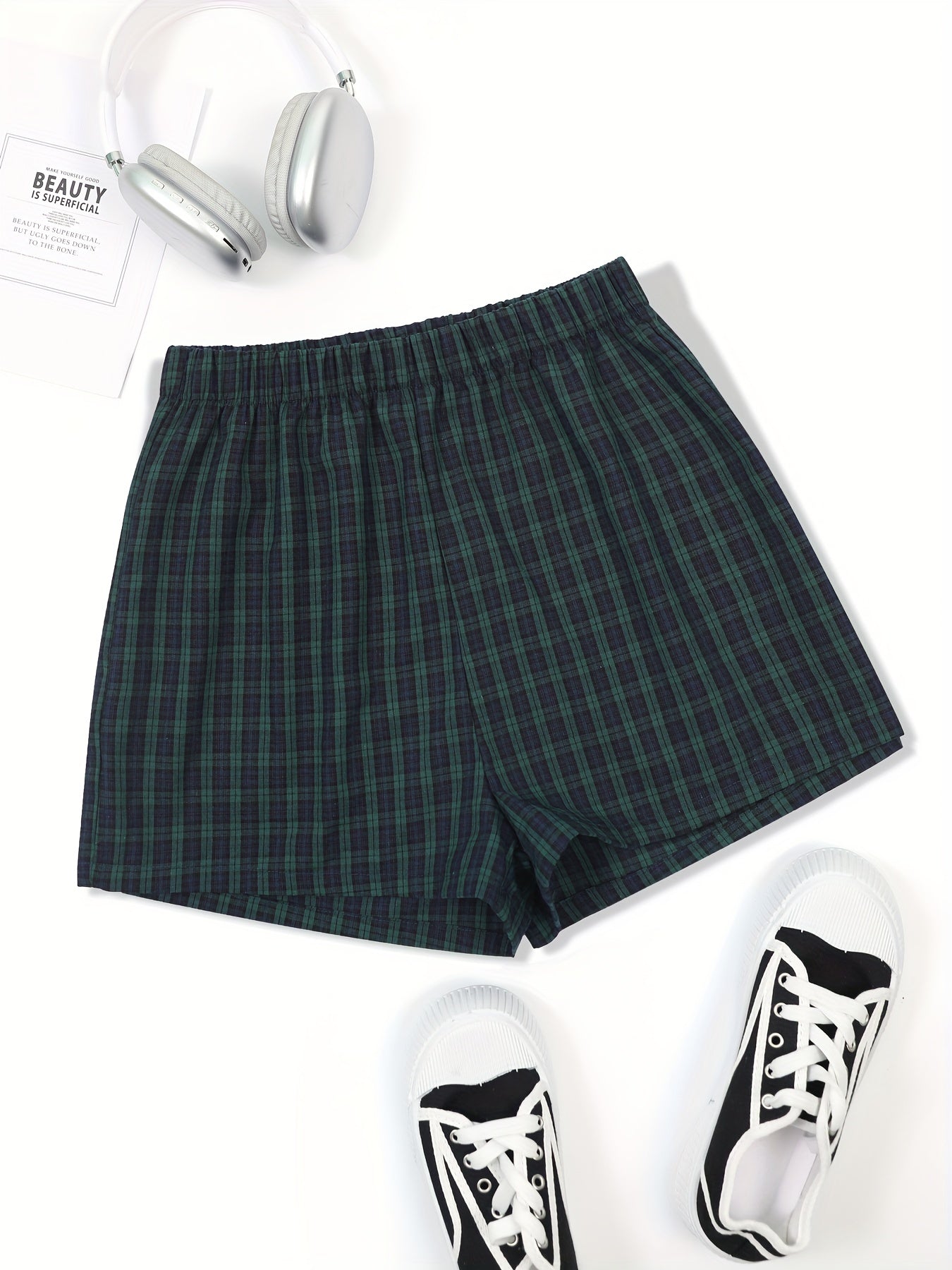 Plaid Pattern Elastic Waist Shorts for Women