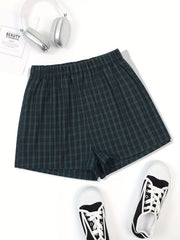 Plaid Pattern Elastic Waist Shorts for Women